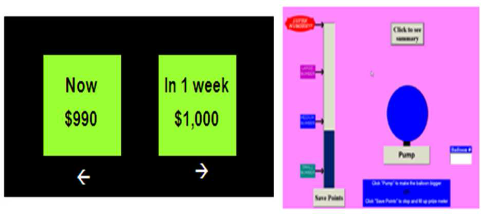 Examples of Behavioral task: Delayed discounting task(left); the Balloon Analogue Risk Task, BART(right)