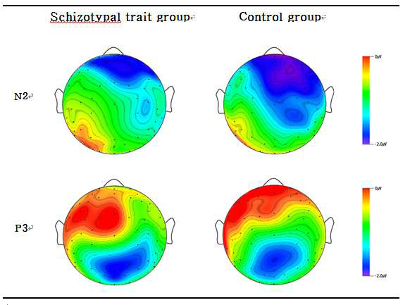 N2와 P3 진폭 차이의 topographical distributions