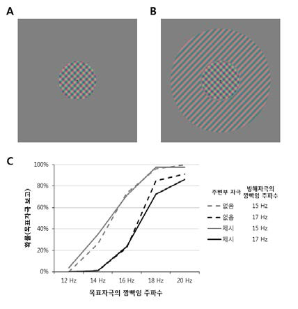 A. 수반 자극이 없는 조건. B. 수반 자극이 있는 조건. C. 조건에 따른 심리측정 함수 결과