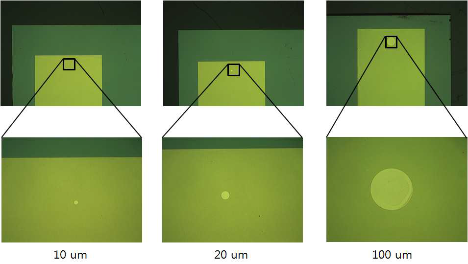다양한 크기의 미소전극의 광학 현미경 사진