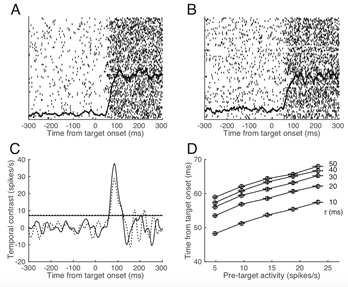 Pre-target activity와 표적 탐지 latency의 관계에 관한 시뮬레이션. A. 100개의 인위적으로 생성한 활동 전위열. B. A와 동일. 차이는 pre-target 활동 수준이 A에 비해 두배. C. 탐지시점의 결정. 실선 (혹은 점선)은 A (혹은 B)에 보인 활동을 20ms의 시간 정밀도를 예로서, 시간대비, c(t)를 계산한 것. 수평선은 각 경우의 threshold contrasts를 나타냄. 탐지 시점은 시간대비와 threshold contrast가 만나는 점. D. Pre-target 활동 수준에 따른 탐지 시점.