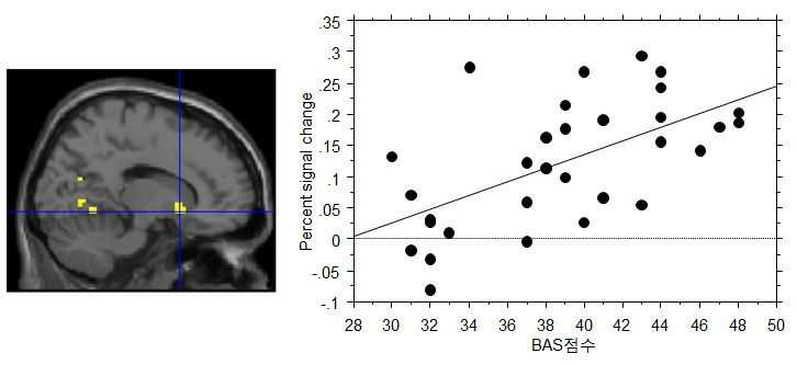 보상을 받은 시행에서의 right ventral striatum의 활성화의 양과 개인의 BAS점수와 상관관계