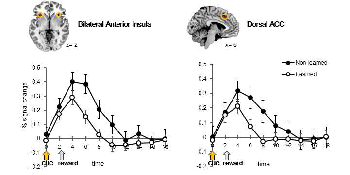 학습되지 않은 단서 자극을 처리할 때, 더 많이 활성화 되 는 두뇌 영역(Non-Learned Stimulus > Learned Stimulus).