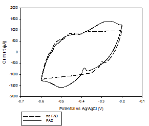 Carboxylated CNT-셀룰로오스 전극의 phosphate buffer (0.1M, pH 7.0) + 0.1M KCl 용액에서의 cyclic voltammograms