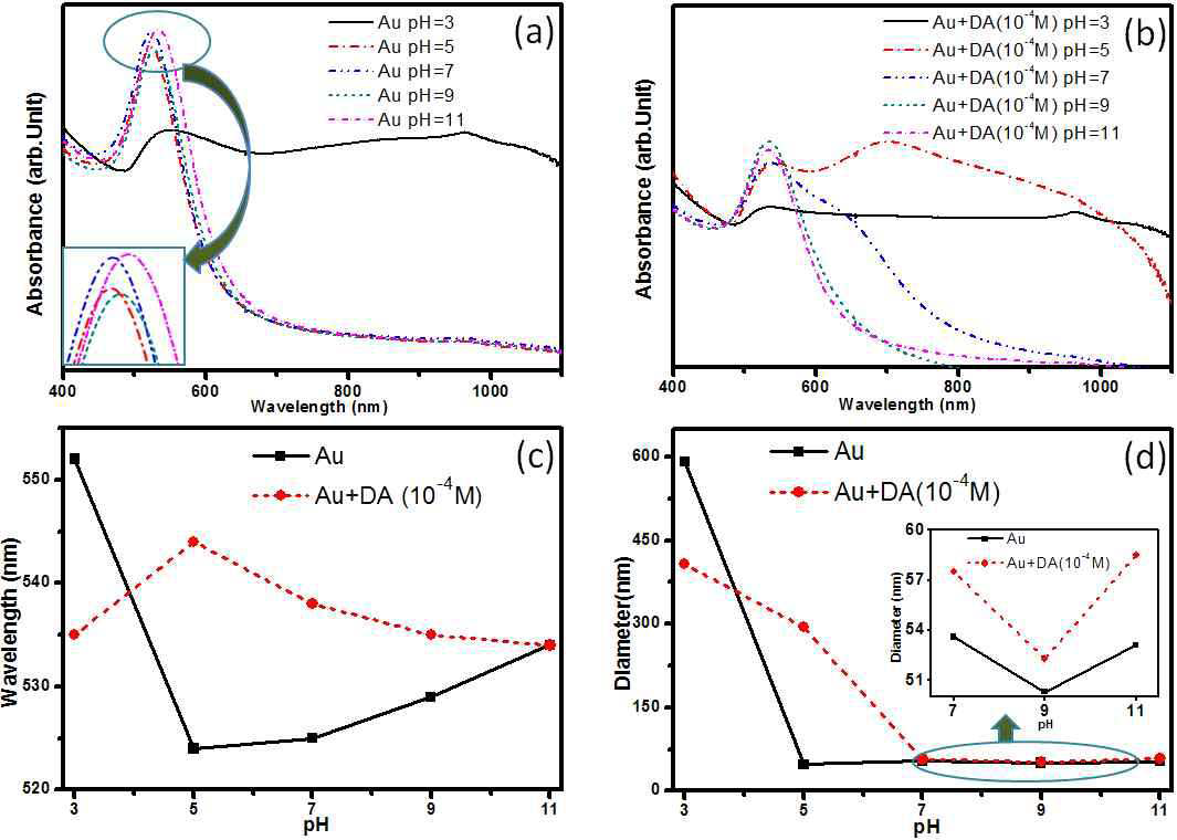 (a) The UV􍾢 vis spectra of Au NPs (50 nm) at different pH, (b) The UV􍾢 vis spectra of Au NPs with DA (10-4 M) at different pH, (c) The absorption peak position of Au NPs with and without DA at different pH, (d) The diameter of Au NPs with and without DA at different pH obtained by DLS