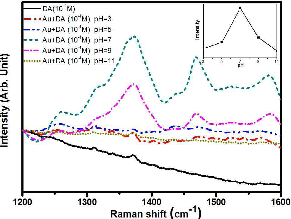 Raman spectra of DA (1×10-4 M) bonded on Au NPs in different pH. Inset presents the Raman intensity of with DA on Au NPs as a function of pH