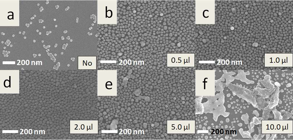 SEM images of Au NPs arrayed on glass substrates with increasing amounts of 1,4-diaminobutane (C-4 diamine).