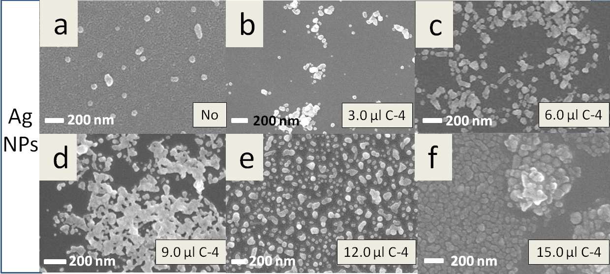 SEM images of Ag NPs arrayed on glass substrates with increasing amounts of 1,4-diaminobutane (C-4 diamine).