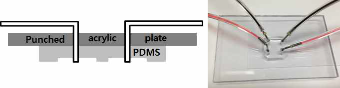 아크릴판과 튜브를 연결시켜 완성된 미세유체칩 플랫폼