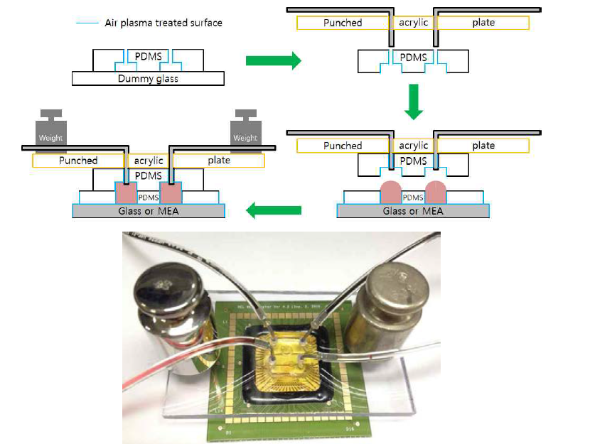 결합 방법 모식도 (위) 및 미세유체칩과 다채널 센서칩 결합 사진 (아래)