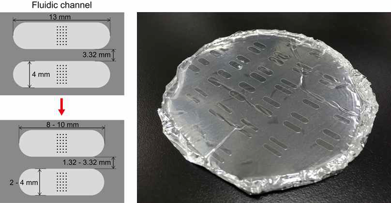 다양한 파라미터를 가진 미세유체칩 디자인 및 사진