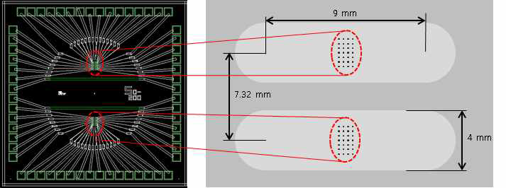 다채널 센서칩 (좌) 및 칩에 결합시키기 위한 미세유체칩 디자인 (우)