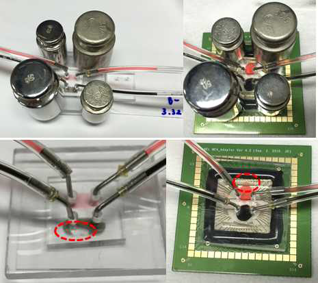 잉크 실험 사진 (위) 및 누출과 기포 발생의 예 (아래)