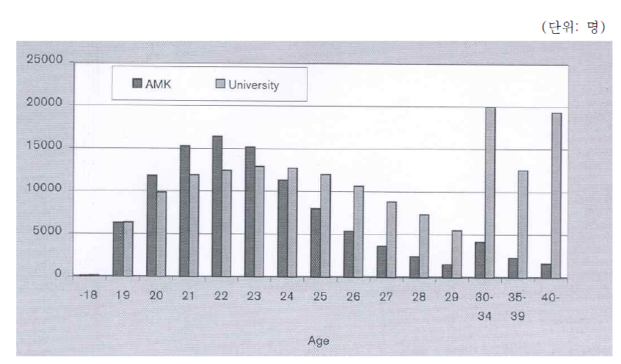 핀란드의 폴리테크닉(AMK)과 일반대학의 연령별 학생인구(2000년)