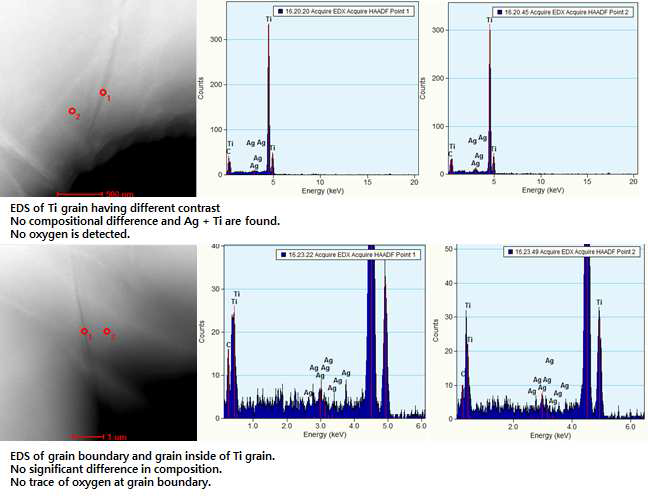 Ti-4wt% Ag 샘플의 grain과 grain boundary EDS 분석