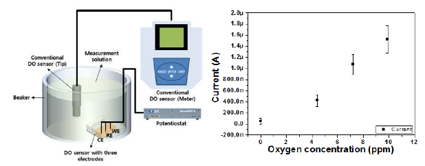 제작된 3 전극 용존 산소 센서와 상용화 용존 산소 센서의 측정 모식도 및 결과