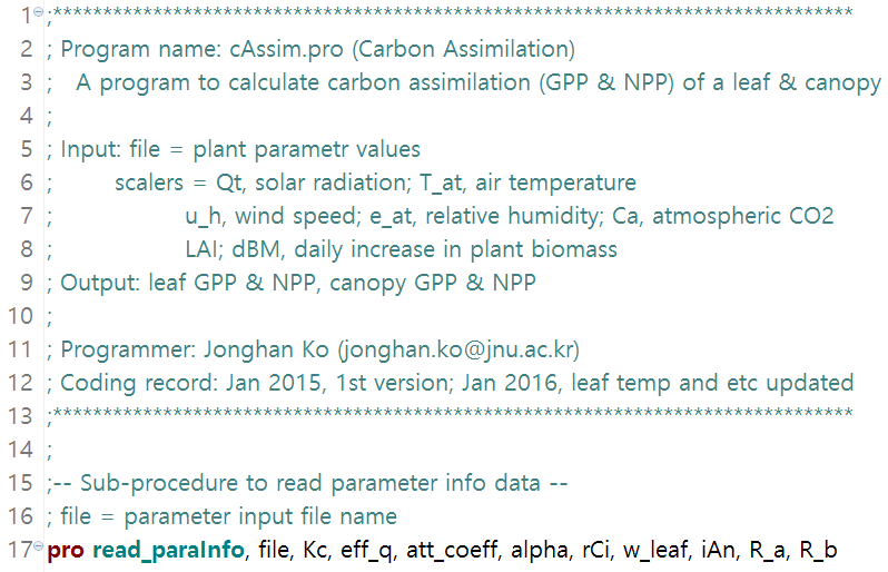 A partial view of the IDL program code developed for modeling leaf and canopy CO2 assimilation