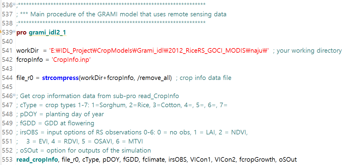 A partial view of the IDL program code developed for the photosynthetic process-based crop model that uses remote sensing data