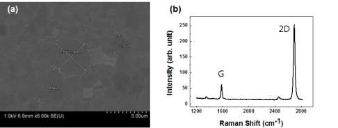 (a) CVD 방법을 이용해 Cu 층 위에 합성된 그래핀의 주사전자현미경 이미지, (b) 합성된 그래핀의 라만 분석결과