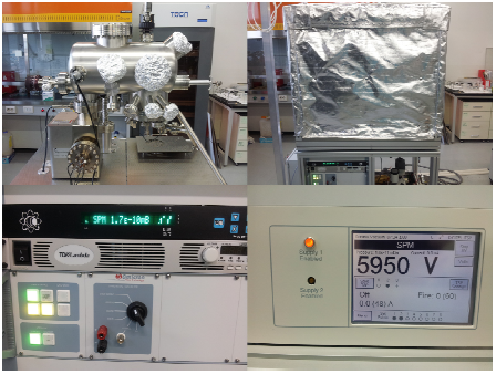 초고진공 STM 시스템(왼쪽 위) 모습과 Bake-out 모습(오른쪽 위). Ion gauge를 통한 초고진공 확인(왼쪽 아래)과 Ion-pump 동작모습(오른쪽 아래)