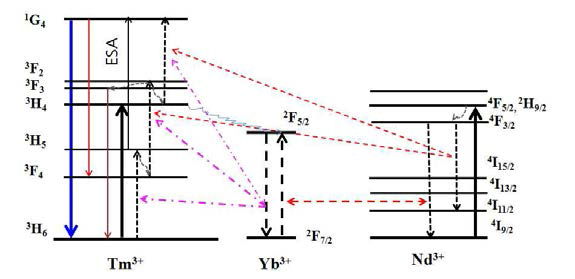 Schematic diagram of the energy levels of Tm3+,Nd3+and Yb3+ionsand upconversion processes under 792 nm excitation