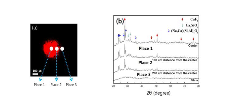 (a) Emission from glass-ceramic area and (b) XRD patterns from three positions