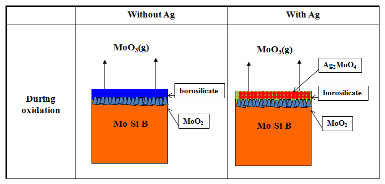 Ag가 포함된 Mo-Si-B 합금과 산화 모식도