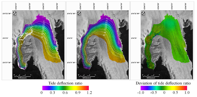 Campbell Glacier Tongue의 hinge zone에 대한 조위변형지도. (좌) DDInSAR 결과, (중) 빙하 두께 397 m와 영률 0.8 GPa를 적용한 2차원 유한요소해석으로 모사 결과 및 (우) 두 값의 편차 (Han and Lee, 2014).