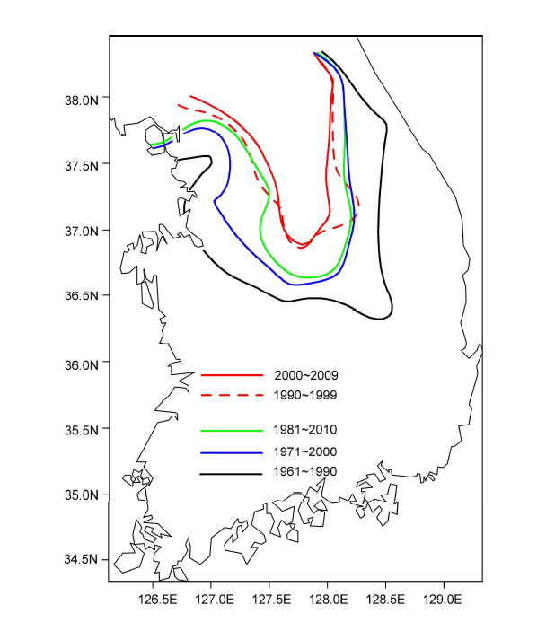 한국에서 1월 평균 기온 -3℃의 이동 30년 주기와 최근 10년의 변화 경향