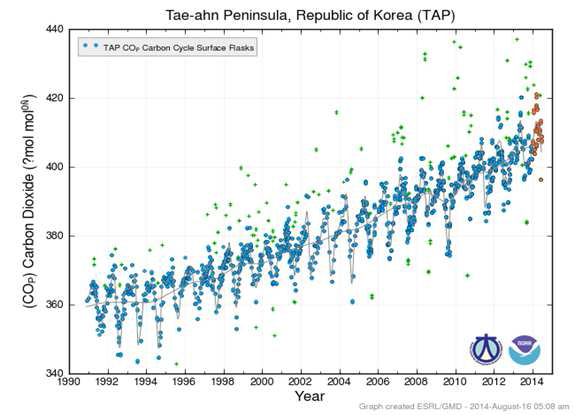 태안에서 측정한 CO2농도 변동