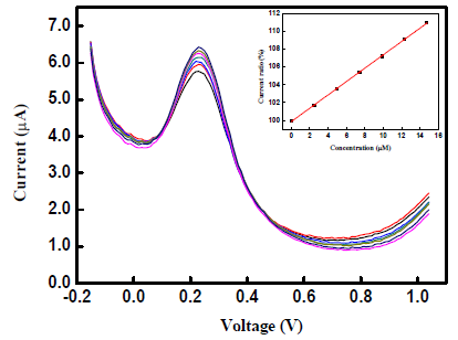 Current rexsponses in DPV measurements using TrGO/Au/HDT in K3[Fe(CN)6] and pH 7.4 PBS (0.1M) solutions after immersing the electrode into into aqueous solutions with various concentrations of Hg2+ for 15 min : Inset shows the linear correlation of current ratios versus Hg2+ concentrations.