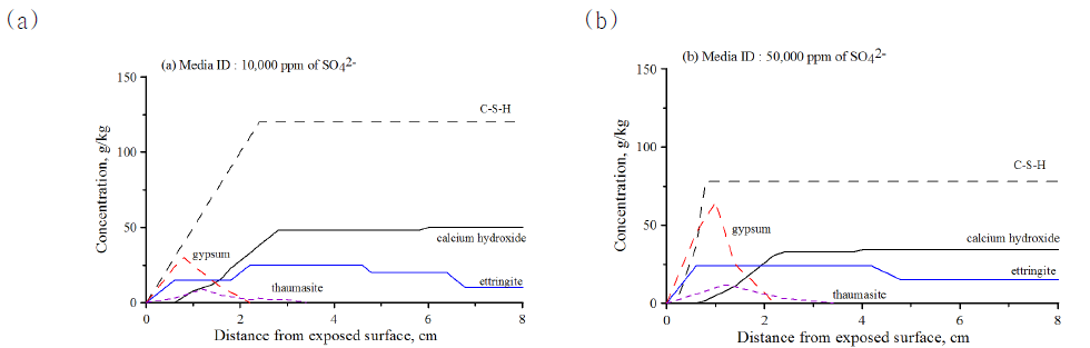 반응생성물 및 수화생성물에 대한 수치해석 결과 (a) 10,000 ppm of SO4 2- 및 (b) 50,000 ppm of SO4 2-