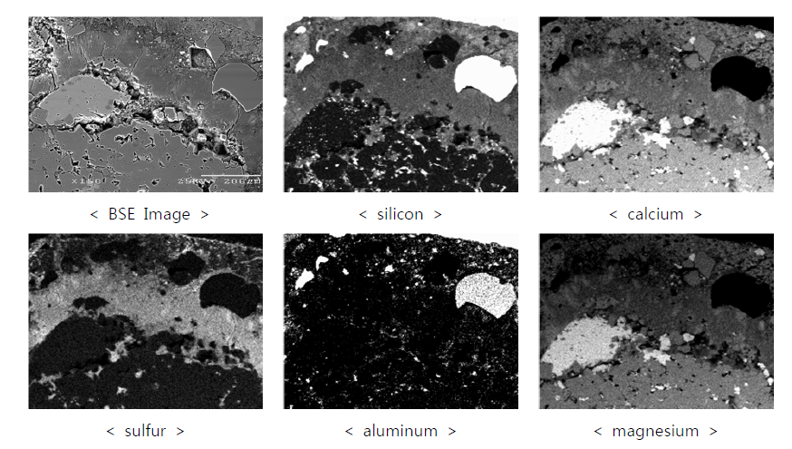 황산염침식을 받은 콘크리트에서 채취한 코어샘플의 BSE image 및 원소 mapping 결과
