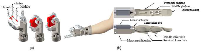 부분의수 메커니즘을 기반으로 제작된 핸드 의수; (a) 로봇 핸드, (b) 적용된 로봇 손가락