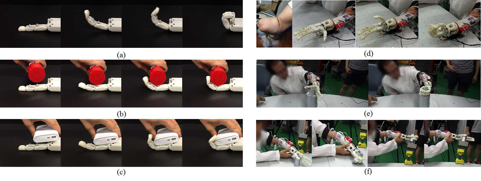 동기가 집적된 로봇 손가락과 핸드 의수 동작 테스트; (a-c) 손가락 동작 실험, (d-f) 핸드 의수 동작 실험