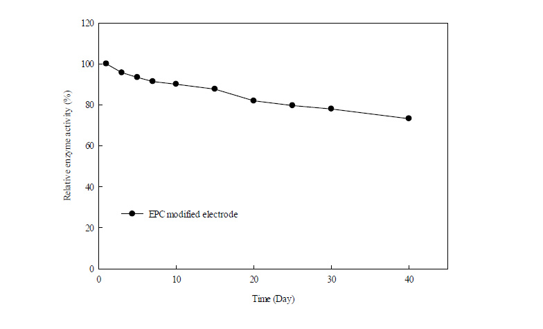 Shelf life of EPC modified electrode on L-DOPA synthesis reaction