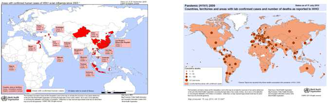 2003년 Pandemic Avian Flu (좌)와 2009년 Pandemic Swine Flu (우)