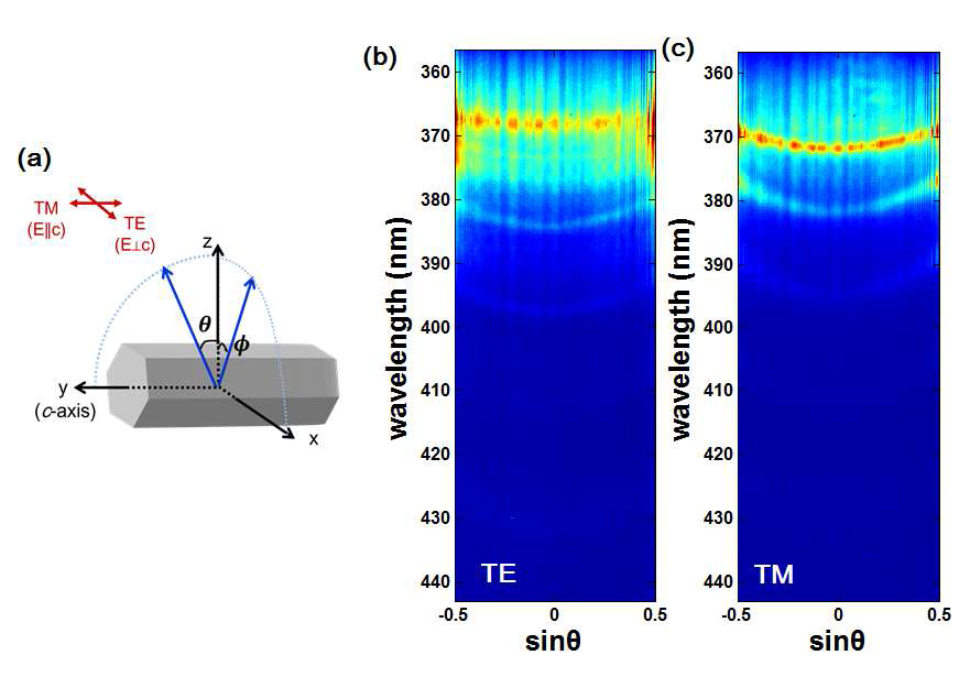 (a) GaN 마이크로 막대에서의 발광 각도와 전기장 편광 분포 각분해 발광 측정을 통해 얻어진 E-k 상관관계 그래프 (b-c) 각분해 발광 측정 시스템을 통해 얻은 GaN 마이크로 막대의 E-k 상관관계 (b) 편광방향: TE mode (c) 편광방향: TM mode