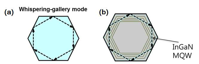 (a) GaN 마이크로 막대에서의 Whispering gallery mode 모식도 (b) InGaN/GaN core-shell 마이크로 막대에서의 Whispering gallery mode