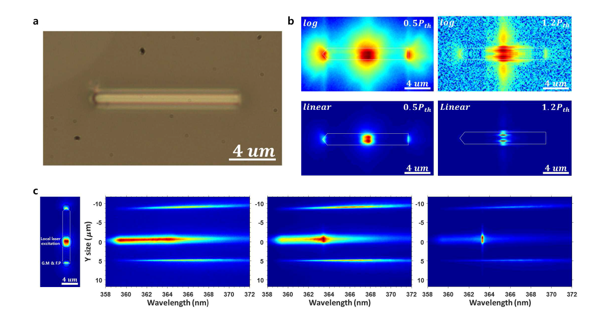 (a). 측정한 마이크로 막대의 현미경 이미지. (b). 레이저로 국소적인 곳을 여기 후 마이크로 막대에서만 발광하는 다파장 이미지를 문턱에너지 전후로 전체적으로 측정한 결과. (c). 슬릿과 평행한 마이크로 막대를 레이저로 국소적인 곳을 여기 후 분광해서 전체적으로 측정한 결과.