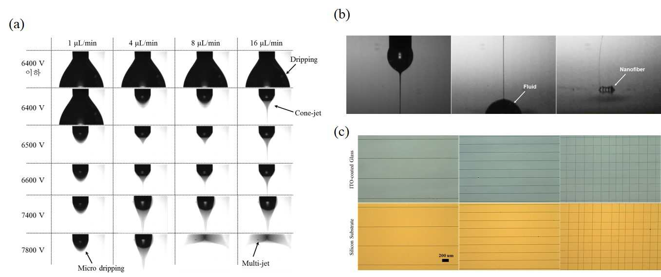 (a) 노즐부 메니스커스 분석 및 (b) 제팅거동과 (c)제작된 패턴