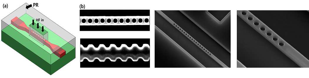 (a) 멤버린형 1차원 광자결정 광도파로 제작을 위한 모식도, (b) 제작된 멤버린형 1차원 광자결정 도파로의 SEM 사진