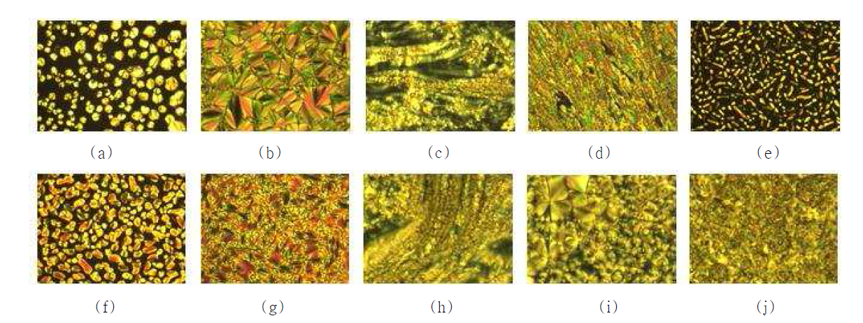 Cross-polarizing optical micrographs (magnification 200×). compound I: on cooling, (a) T = 168℃ and (b) T = 165℃; (c) on heating, T = 166℃; (d) after shearing, T = 166℃; compound 2: on cooling, (e) T = 167℃, (f) T = 163℃, and (g) T = 150℃; on heating, (h) T = 166℃ and (i) T = 168℃; compound 3: (j) on cooling, T = 140℃