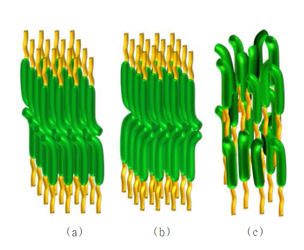 Proposed structures of mesophases: (a,b) smectic A phase with head-to-head bi-layered building blocks; (c) nematic phase with no building blocks