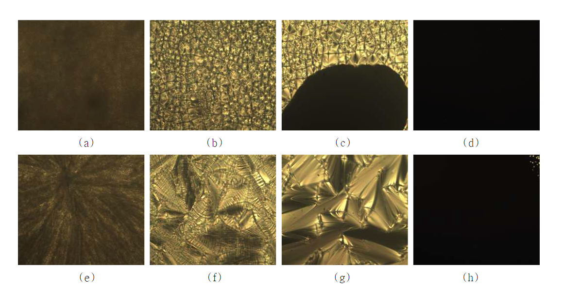 35. Cross-polarized optical micrographs of compound Ⅴd (magnification × 200); (a) on heating at 130 ℃, (b) on heating at 184 ℃, (c) on heating at 190 ℃, (d) on heating at 218 ℃, (e) on cooling at 117 ℃, (f) on cooling at 120 ℃, (g) on cooling at 173 ℃, (h) on cooling at 215 ℃