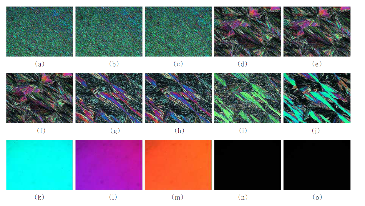 화합물 Va를 주입한 수평배향셀에서 주어진 온도에서 관찰된 직교 광학현미경 사진; (a) 50℃ , (b) 100℃ , (c) 110 ℃,(d) 12℃0 , (e) 130 ℃, (f) 140℃ , (g) 150℃ , (h) 160℃ , (i) 170℃ , (j) 180℃ , (k) 190 ℃, (l) 195 ℃, (m) 200℃, (n) 210℃, (o) 220℃