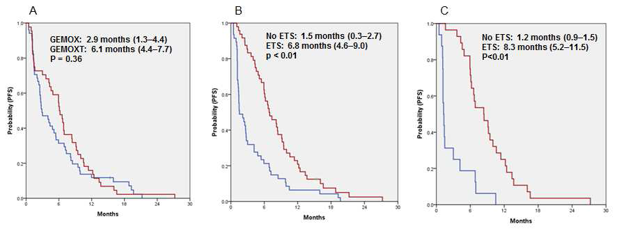 Progression-free survival (PFS) in patients with wild-type KRAS tumors treated with gemcitabine and oxaliplatin plus erlotinib (GEMOXT), stratified according to the treatment arms (A); early tumor shrinkage (ETS)(B); and erlotinib treatment & ETS (C).
