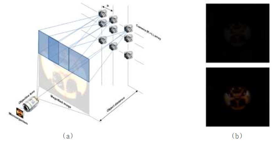 (a) 본 연구에서 제안하는 마이크로스코피 시스템, (b) 획득된 영상: (위) 일반적인 영상, (아래) 본 연구에서 제안하는 기술로 화질을 향상시킨 영상