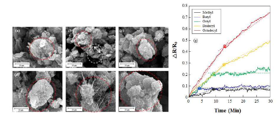 나노입자의 알킬체인 길이에 따른 나노입자의 응집 정도 분석 FE-SEM 결과: (a) neat CNT; (b) methyl-CNT; (c) butyl-CNT; (d) octyl-CNT; (e) dodecyl-CNT; (f) octadecyl-CNT 및 새롭게 고안한 전기저항 측정법으로 확인한 나노입자의 분산도 평가 결과 (g)