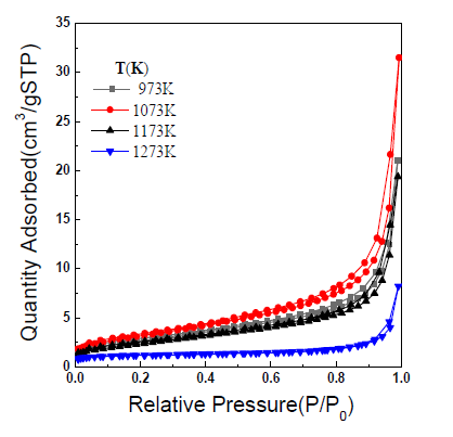 Nitrogen adsorption isotherm of ZnO powder prepared in the continuous micro drops/bubbles fluidized reactor (UC = 6.0 L/min, UMB = 0.2 L/min, CZn = 0.4 mol/L).